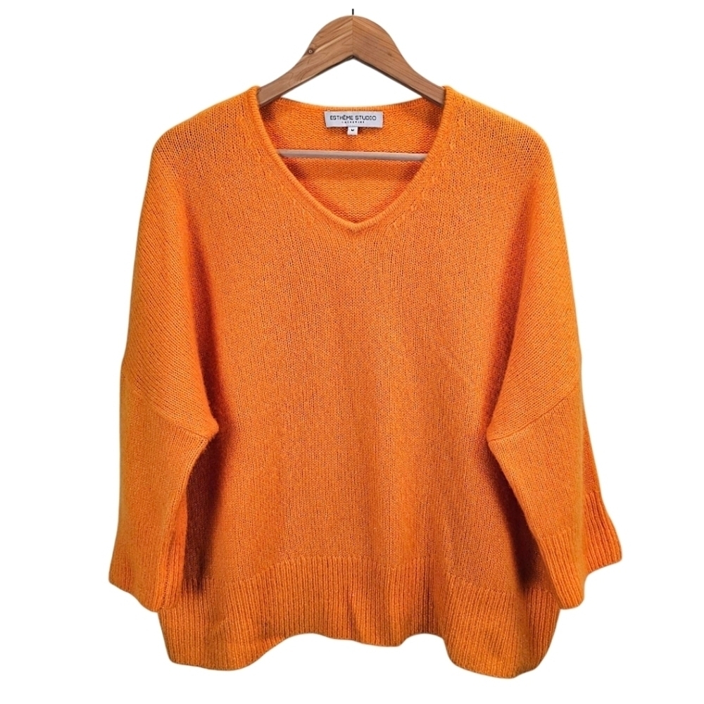 Estheme Studio Womens Cashmere & Silk V-Neck Sweater Medium Orange 3/4 Sleeve